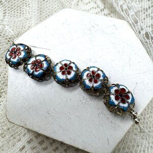 Vintage Cloisonne Flower Bead Strand Antique Silver Blue Red Enamel Loose beads